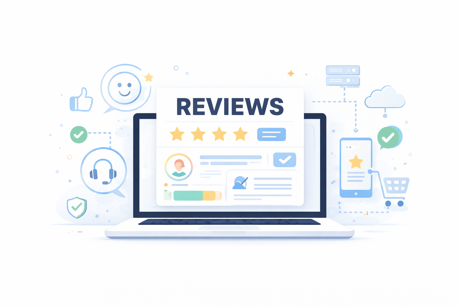 Laptop illustration displaying “Reviews” with star ratings for digital product review website
